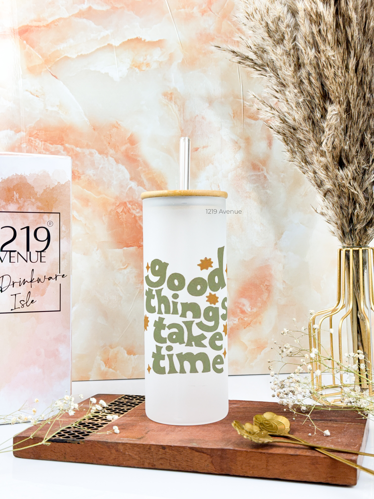 Frosted Grande Sipper 650ml| Good Things Take Time Print| 20oz Tall Tumbler with Straw and Lid