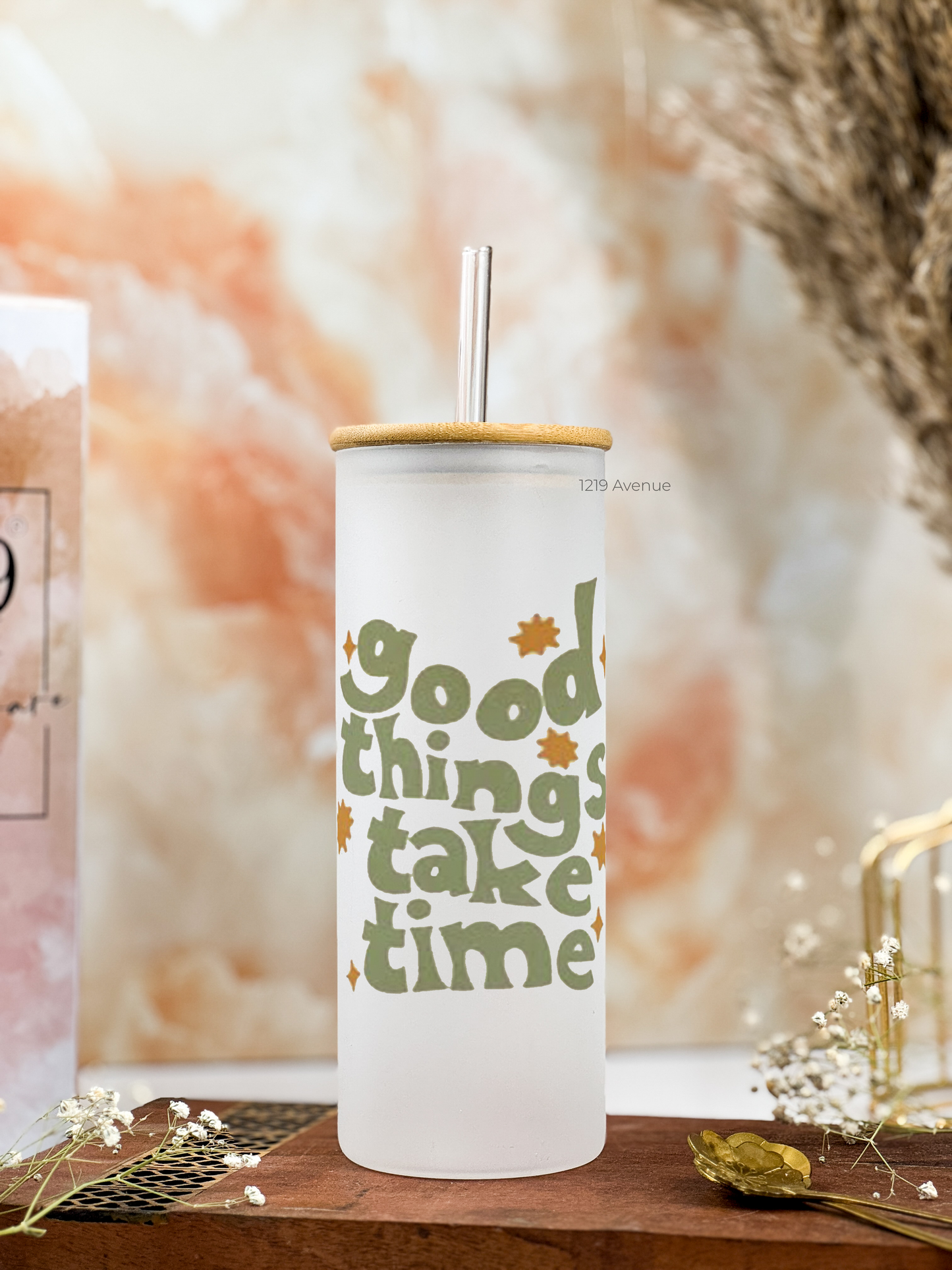 Frosted Grande Sipper 650ml| Good Things Take Time Print| 20oz Tall Tumbler with Straw and Lid