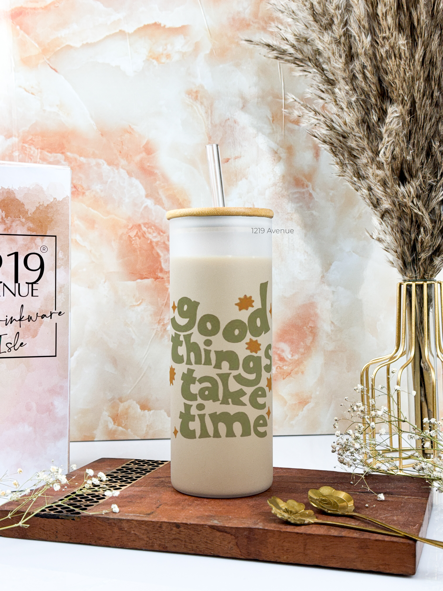 Frosted Grande Sipper 650ml| Good Things Take Time Print| 20oz Tall Tumbler with Straw and Lid