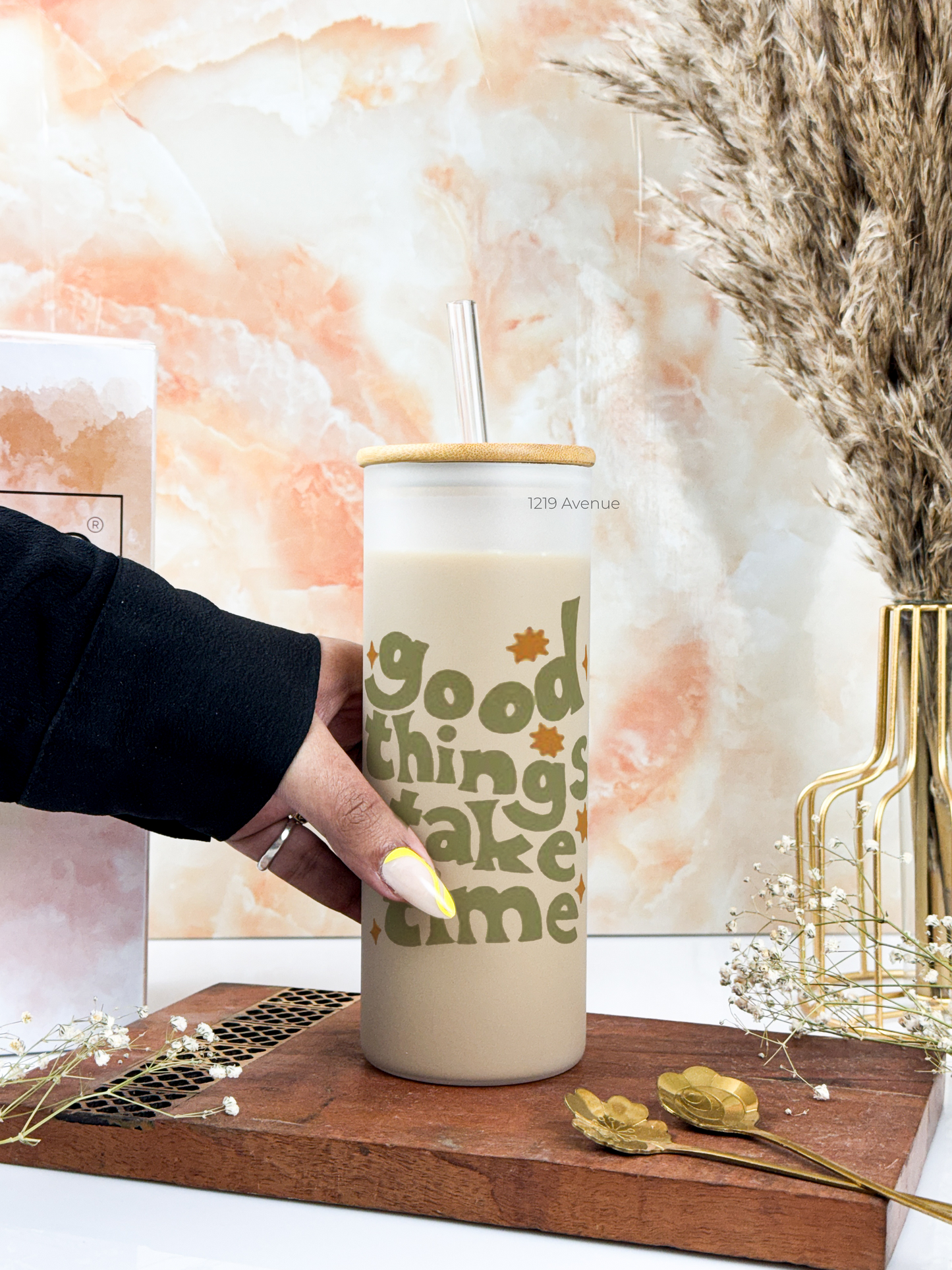 Frosted Grande Sipper 650ml| Good Things Take Time Print| 20oz Tall Tumbler with Straw and Lid