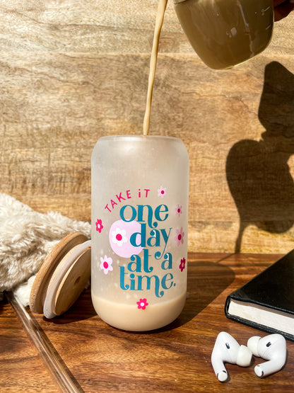 Frosted Can Shaped Sipper 500ml |Take It One Day at Time Print| 17oz Can Tumbler with Straw and Lid