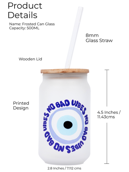 Frosted Can Shaped Sipper 500ml | No Bad Vibes Evil Eyes Print| 17oz Can Tumbler with Straw and Lid