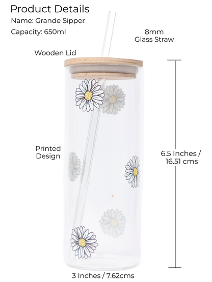 Grande Sipper 650ml| Daisies Print| 22 oz Coffee Tumbler with Straw and Lid