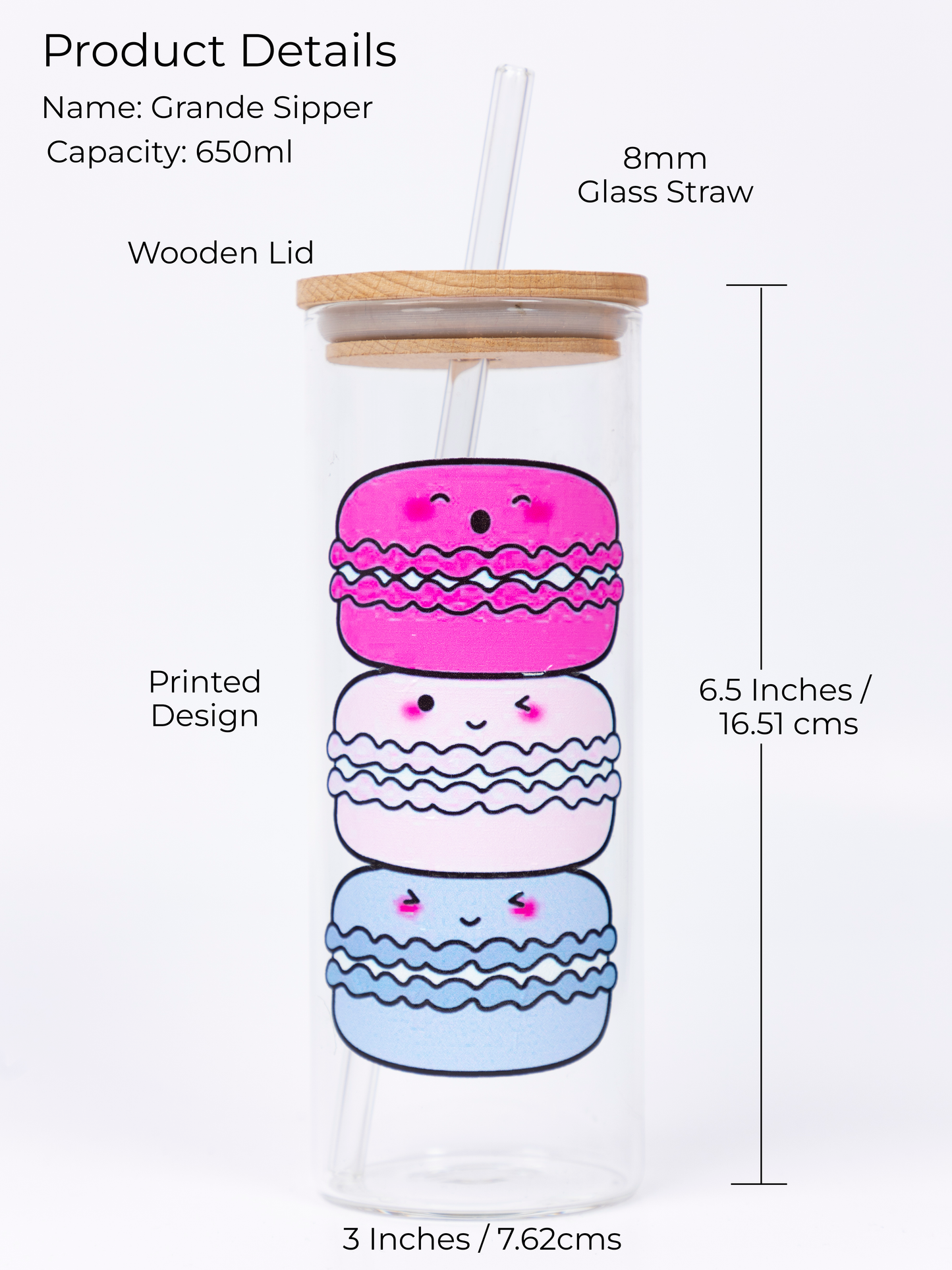 Grande Sipper 650ml| Happy Macrons Print| 22 oz Coffee Tumbler with Straw and Lid