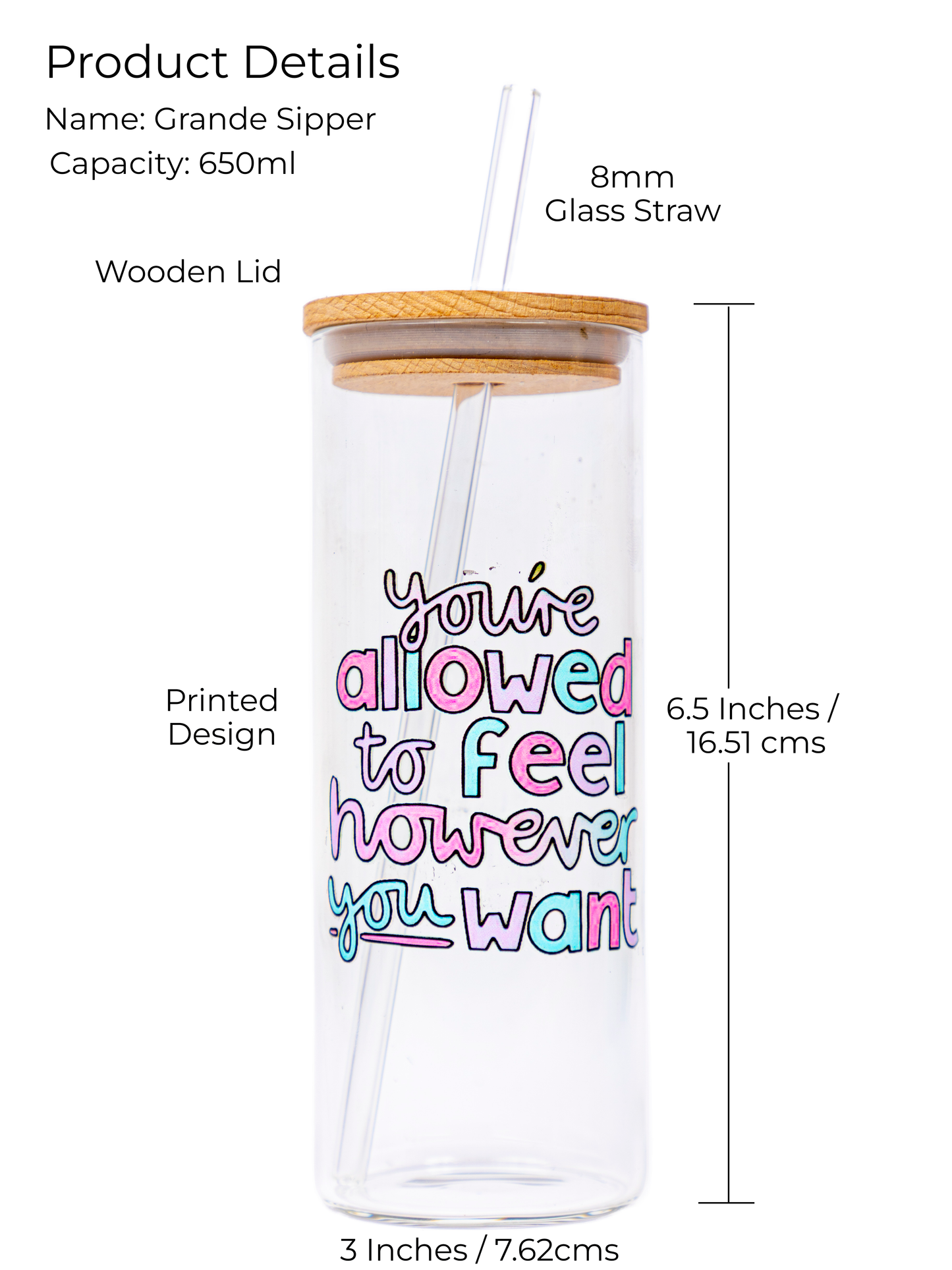Clear Grande Sipper 650ml| Feel Whatever Print| 22 oz Coffee Glass Tumbler