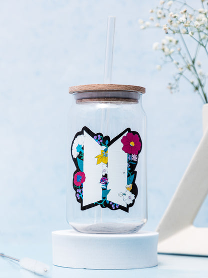 Can Shaped Sipper 500ml| Floral BTS Print | 18oz Can Tumbler with lid, straw and coaster.