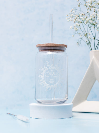 Can Shaped Sipper 500ml| Boho Sun and Moon Print | 18oz Can Tumbler with lid, straw and coaster.