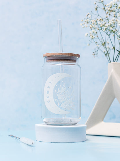 Can Shaped Sipper 500ml| Boho Sun and Moon Print | 18oz Can Tumbler with lid, straw and coaster.