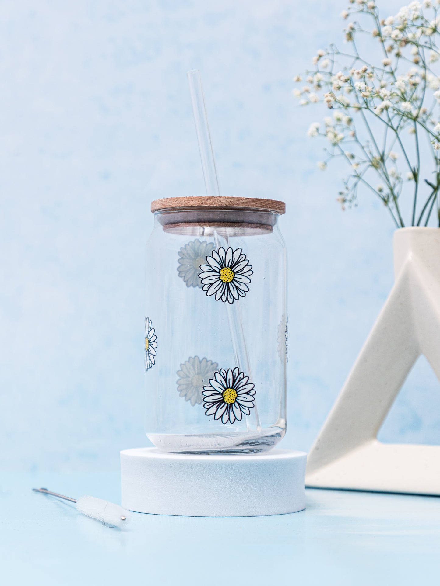 Can Shaped Sipper 500ml| Daisies Print | 18oz Can Tumbler with lid, straw and coaster.