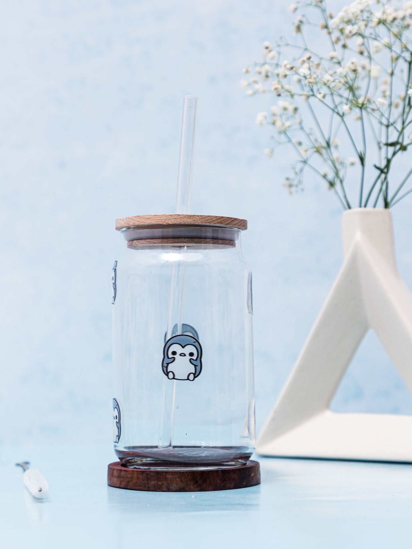Can Shaped Sipper 500ml| Penguins All Over Print | 18oz Can Tumbler with lid, straw and coaster.