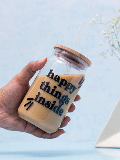 Can Shaped Sipper 500ml| Happy Things Inside Print | 18oz Can Tumbler with lid, straw and coaster.
