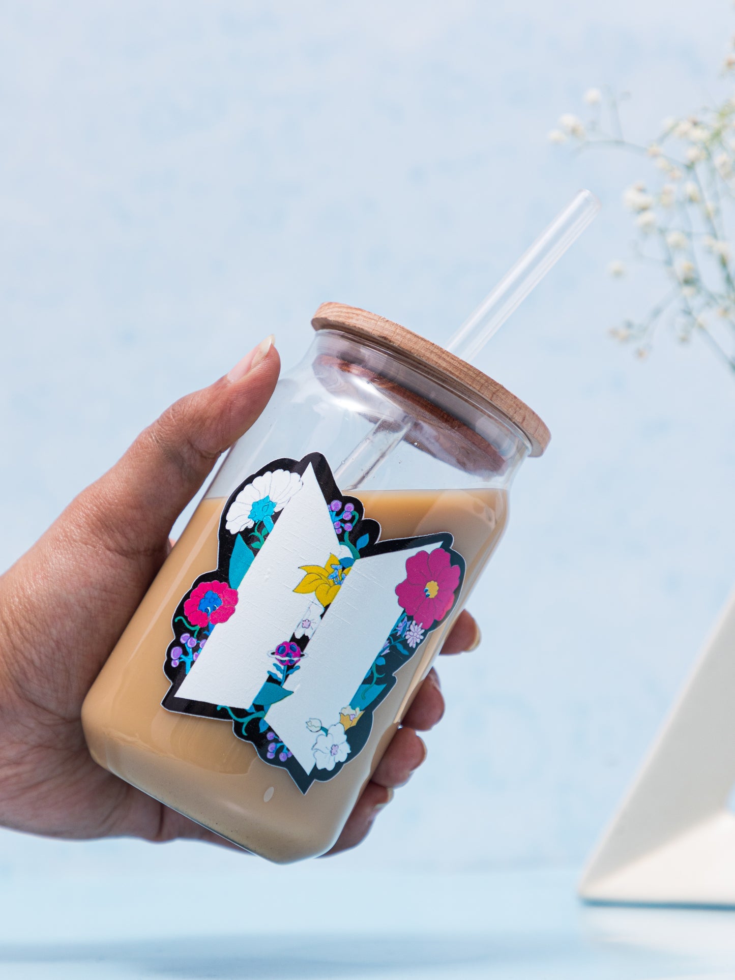 Can Shaped Sipper 500ml| Floral BTS Print | 18oz Can Tumbler with lid, straw and coaster.