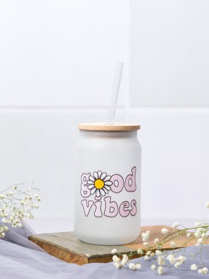 Frosted Can Shaped Sipper 500ml| Good Vibes Print| 17oz Can Tumbler with Lid and Straw