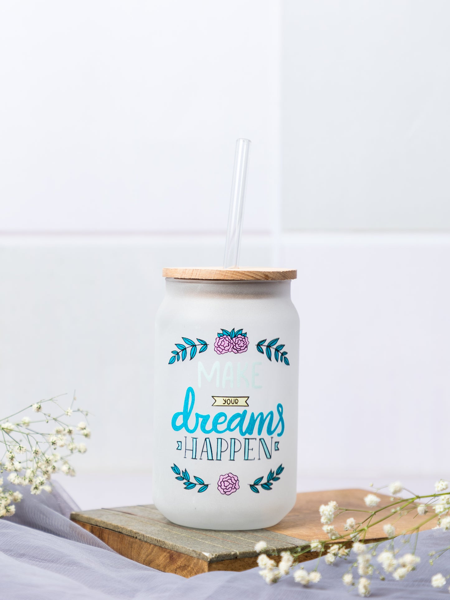 Frosted Can Shaped Sipper 500ml | Make Your Dream Happen Print| 17oz Can Tumbler with Straw and Lid