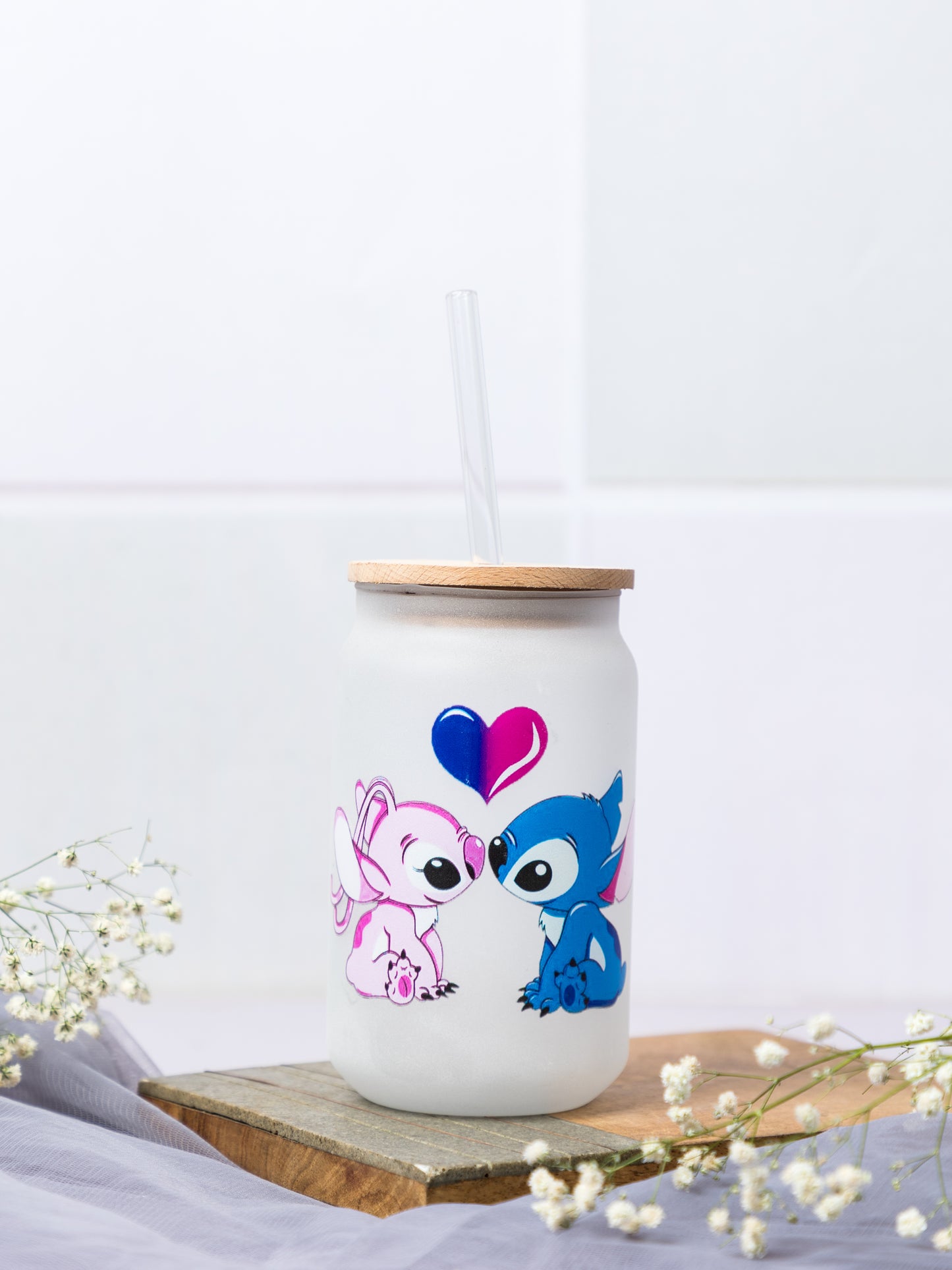 Frosted Can Shaped Sipper 500ml|Stich and Angel Print| 16oz Can tumbler with Straw and Lid