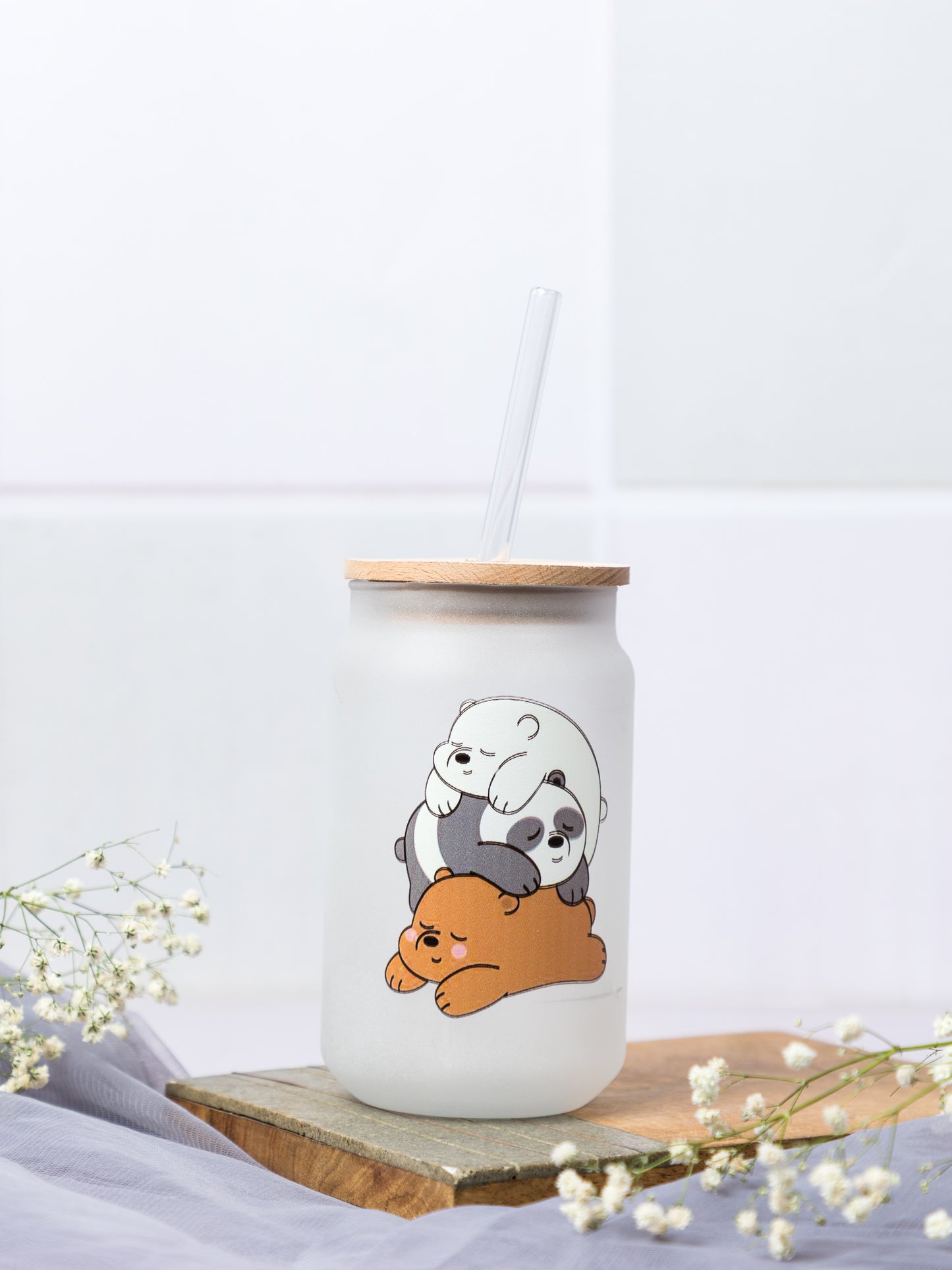 Frosted Can Shaped Sipper 500ml |Bare Bears Print| 17oz Can Tumbler with Straw and Lid