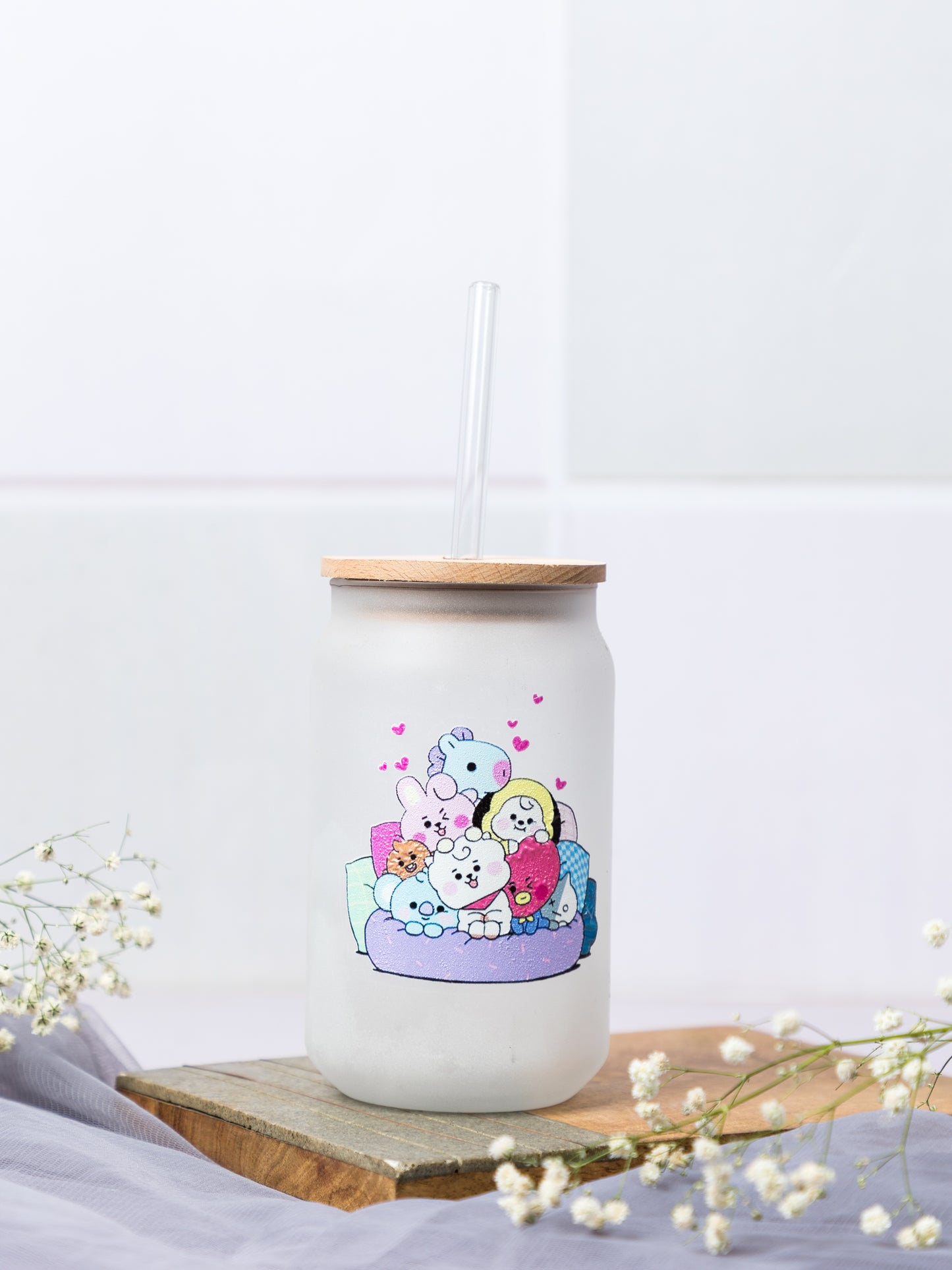 Frosted Can Shaped Sipper 500ml | BTS Cosied Up Print| 17oz Can Tumbler with Straw and Lid