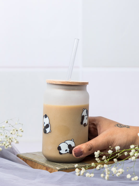 Frosted Can Shaped Sipper 500ml |Panda All Over Print| 17oz Can Tumbler with Straw and Lid