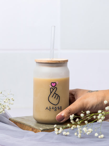 Frosted Can Shaped Sipper 500ml | Korean Heart Print| 17oz Can Tumbler with Straw and Lid