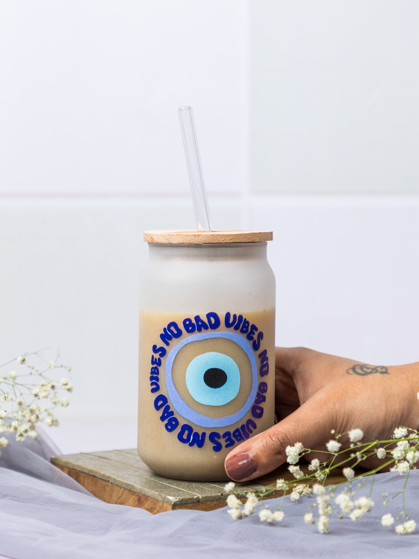 Frosted Can Shaped Sipper 500ml | No Bad Vibes Evil Eyes Print| 17oz Can Tumbler with Straw and Lid