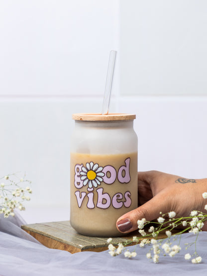 Frosted Can Shaped Sipper 500ml| Good Vibes Print| 17oz Can Tumbler with Lid and Straw
