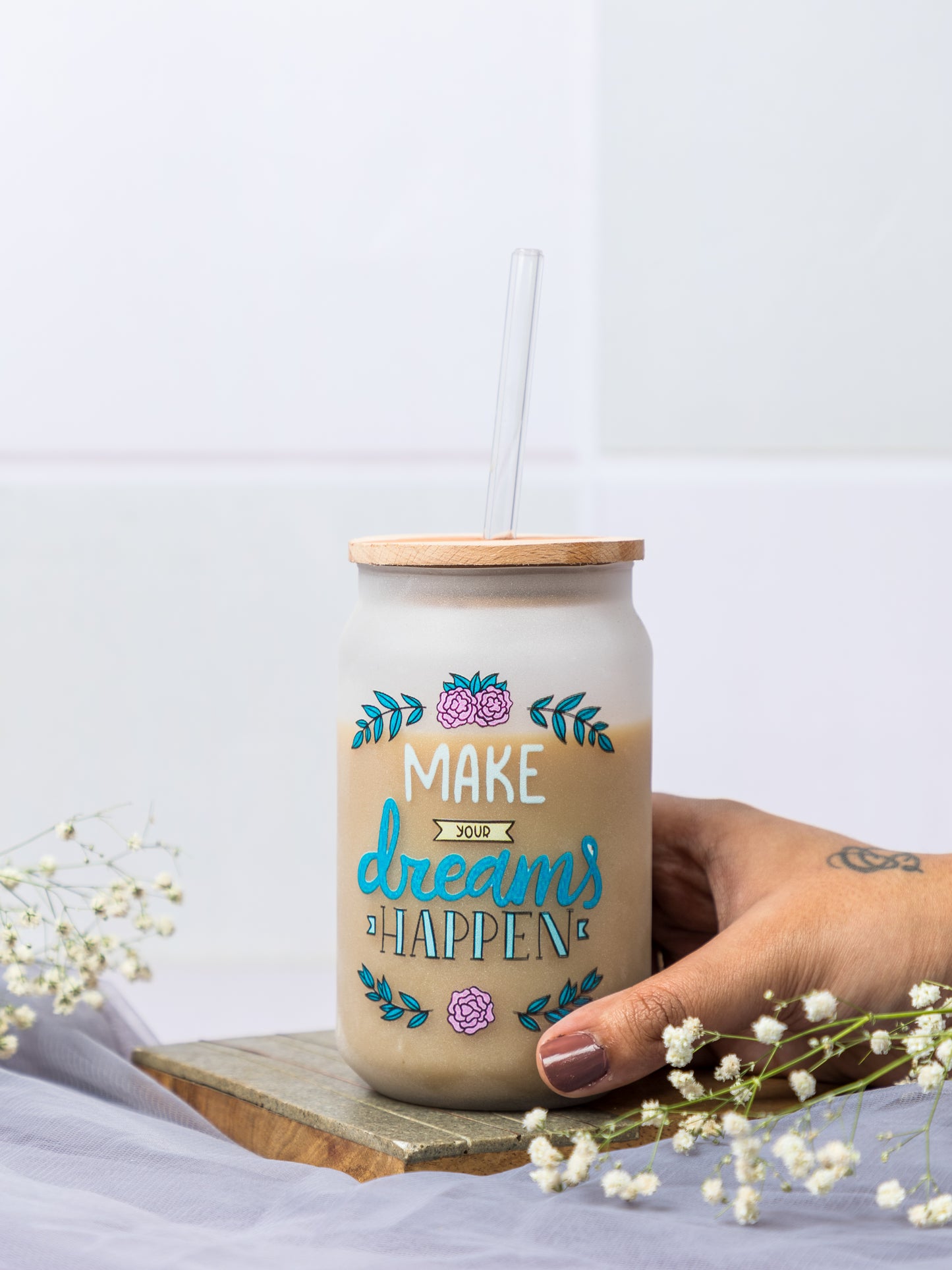 Frosted Can Shaped Sipper 500ml | Make Your Dream Happen Print| 17oz Can Tumbler with Straw and Lid