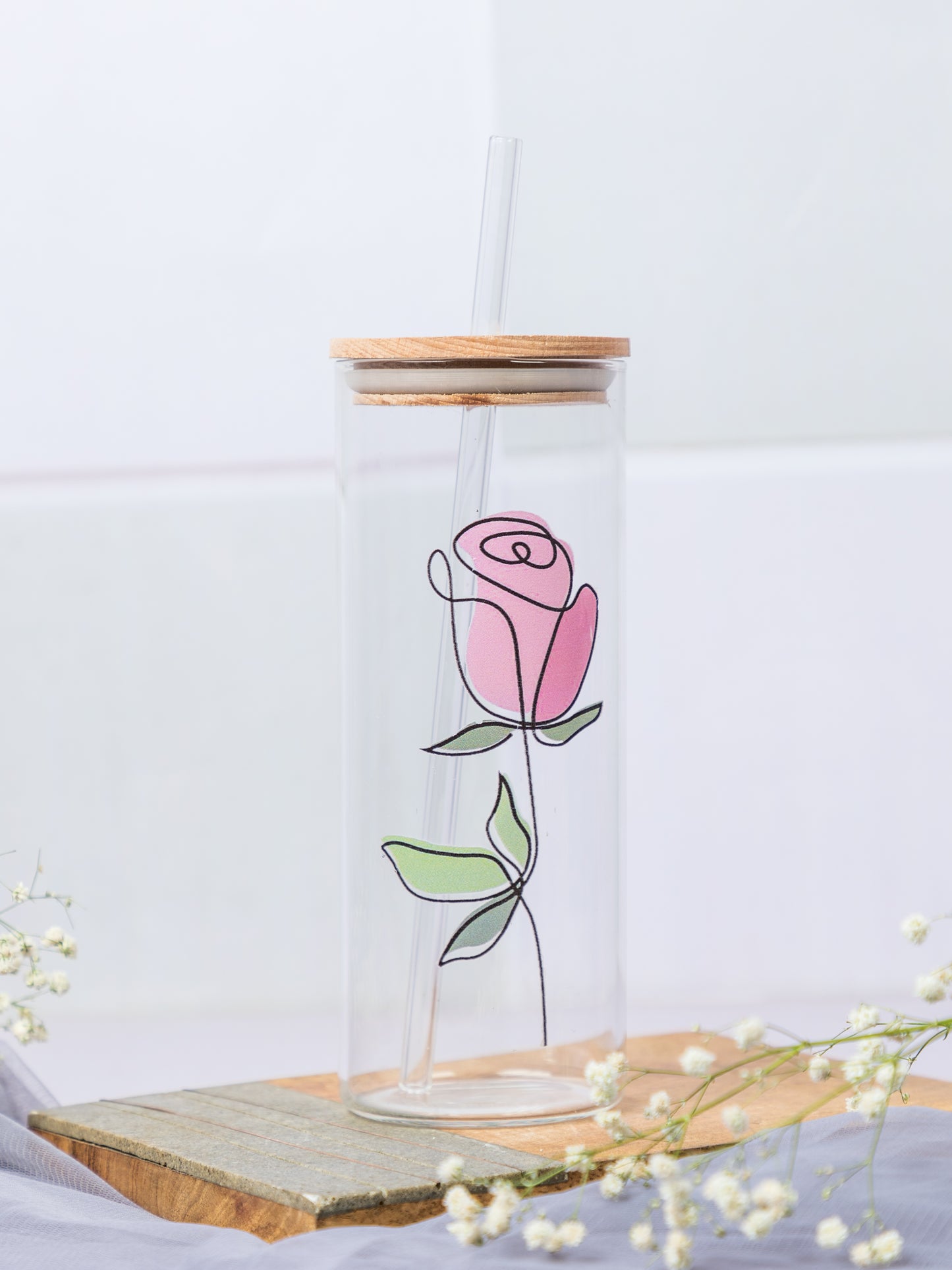 Clear Grande Sipper 650ml| Minimalistic Rose Print| 22 oz Coffee Tumbler with Straw and Lid