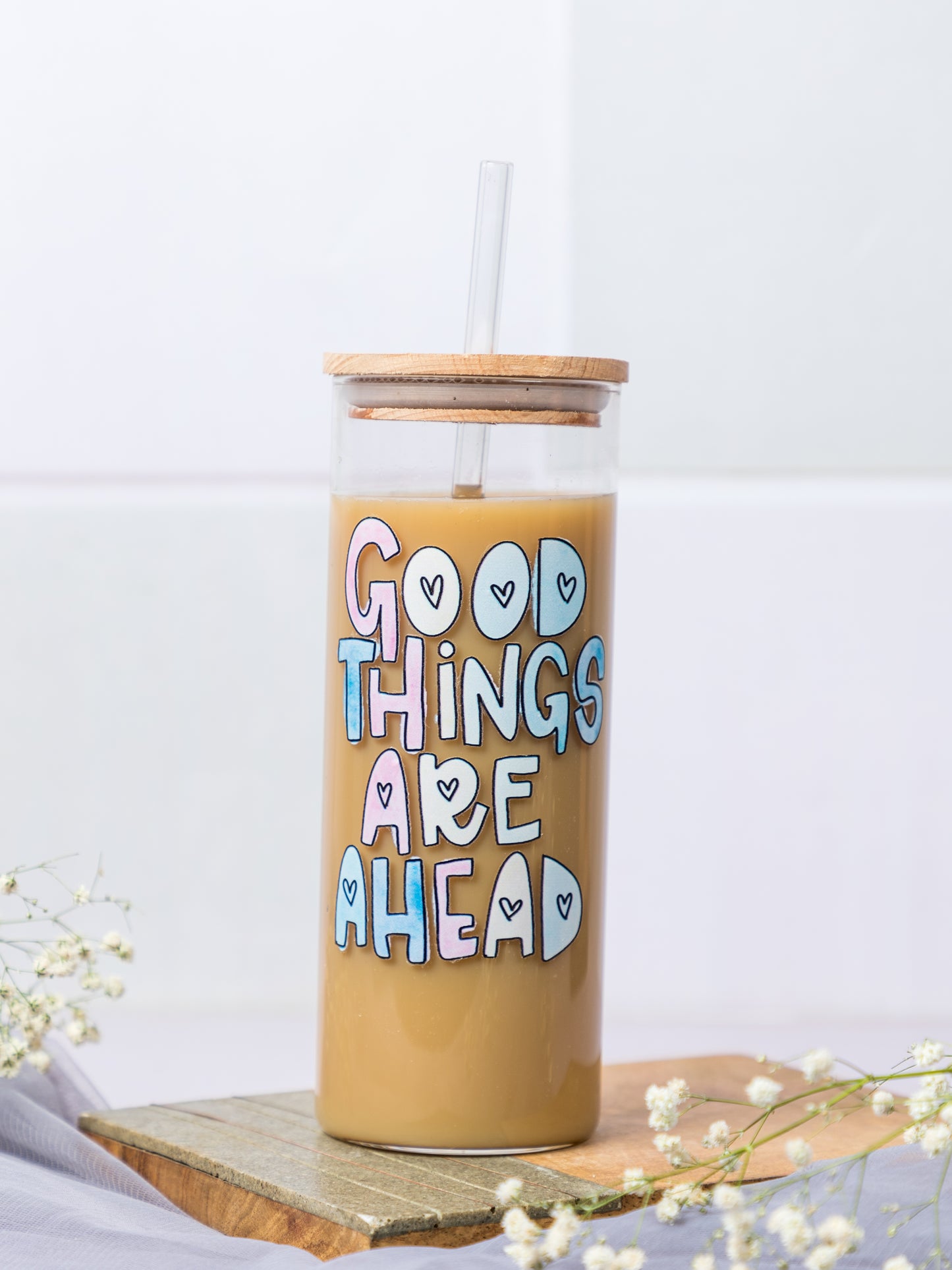Clear Grande Sipper 650ml| Good Things Are Ahead Print| 22 oz Coffee Tumbler with Straw and Lid