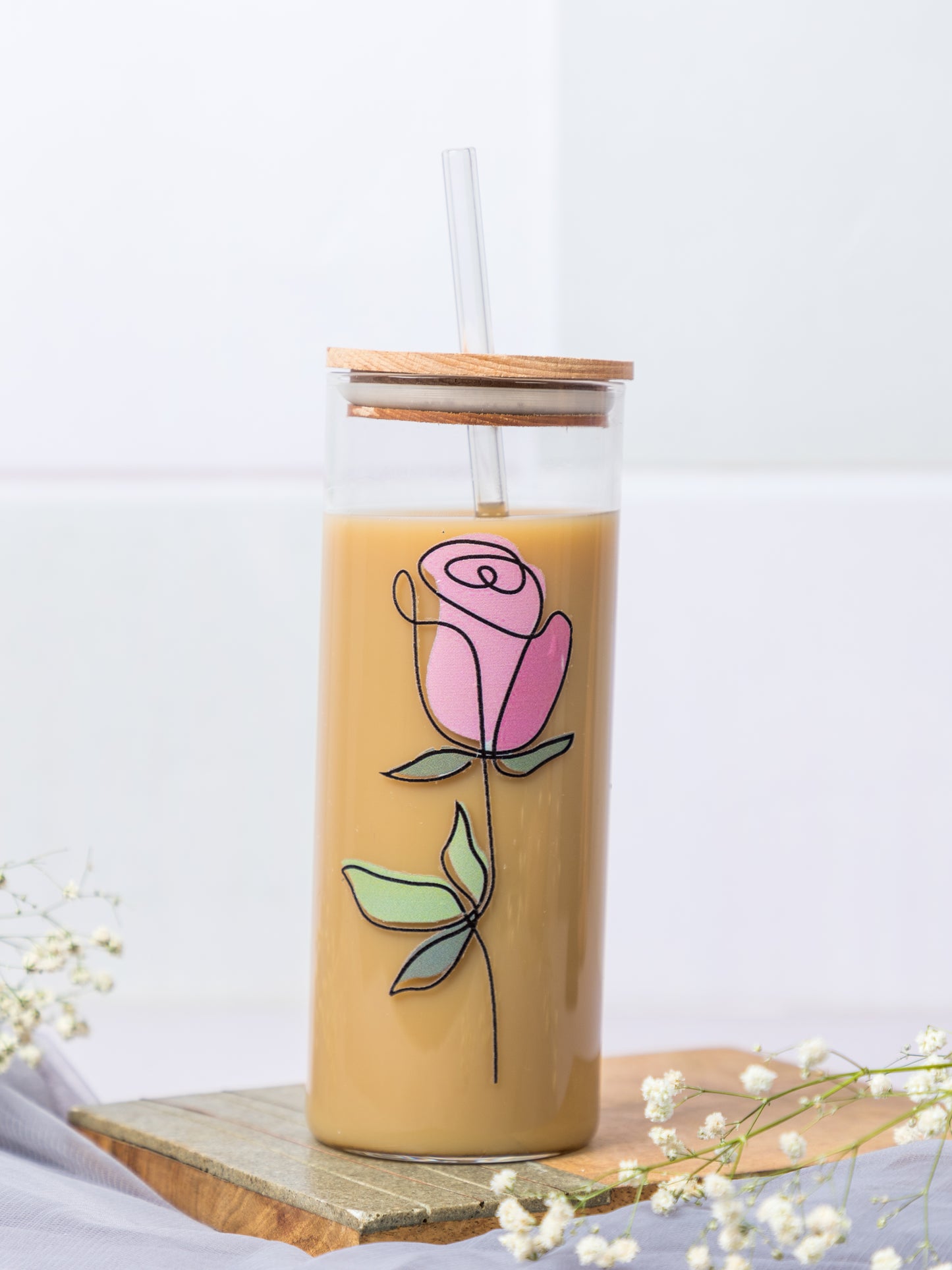 Clear Grande Sipper 650ml| Minimalistic Rose Print| 22 oz Coffee Tumbler with Straw and Lid