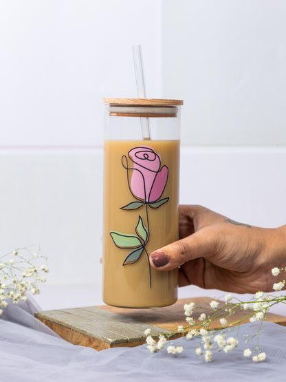 Grande Sipper 650ml| Minimalistic Rose Print| 22 oz Coffee Tumbler with Straw and Lid