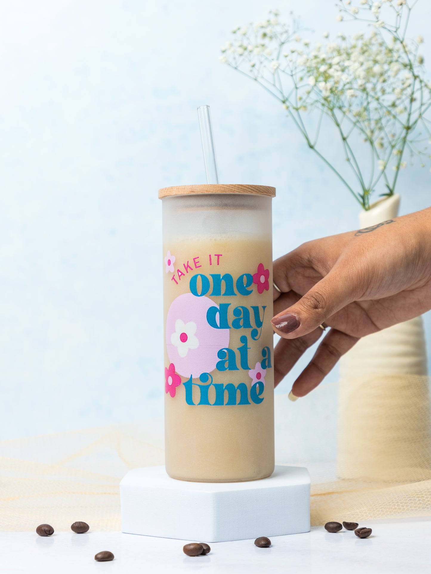 Frosted Grande Sipper 650ml| Take It One Day At Time Print| 20oz Tall Tumbler with lid and straw