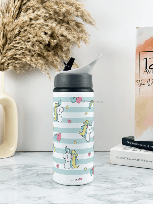 600ml Printed Fun-Sip Water Bottle | Stripes Unicorn Print | For Kids, School, Sports | Sipper Bottle with Carry Handle, Durable & Stylish