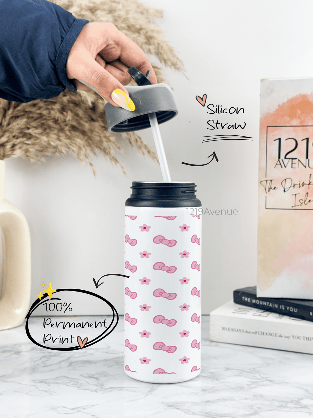 750ml Printed Fun-Sip Water Bottle | Kitty Bows Print | For Kids, School, Sports | Sipper Bottle with Carry Handle, Durable & Stylish