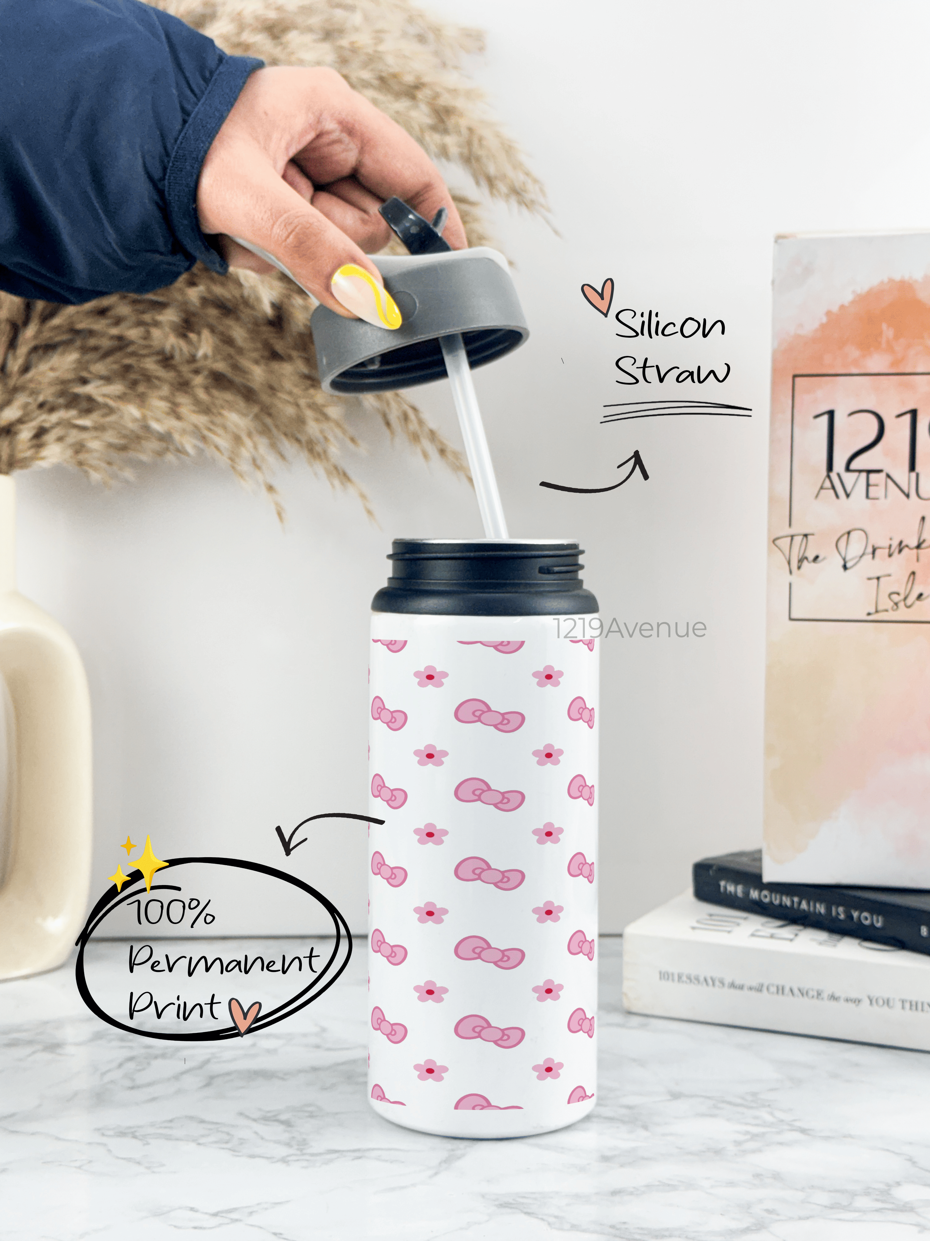 750ml Printed Fun-Sip Water Bottle | Kitty Bows Print | For Kids, School, Sports | Sipper Bottle with Carry Handle, Durable & Stylish