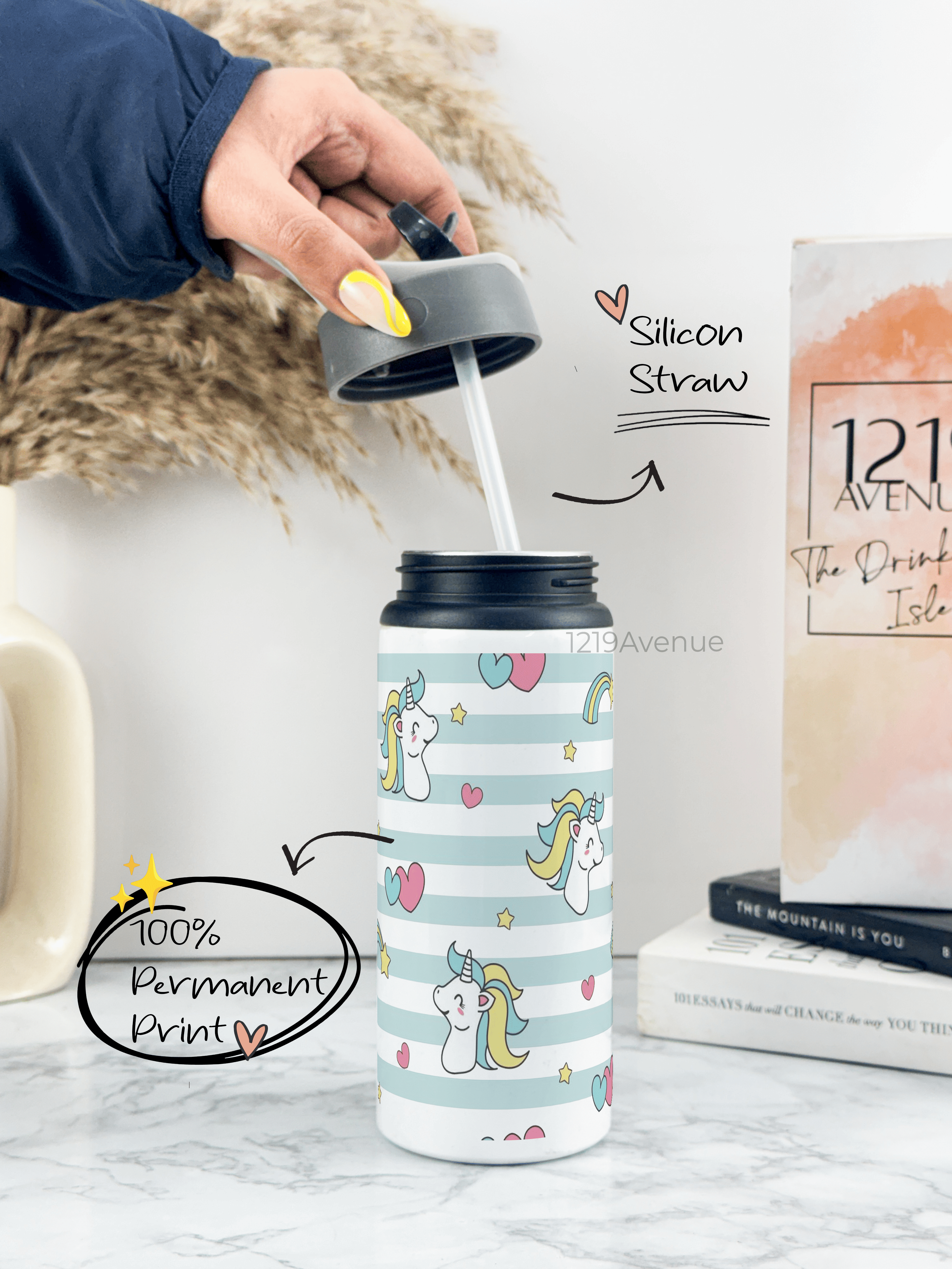 750ml Printed Fun-Sip Water Bottle | Stripes Unicorn Print | For Kids, School, Sports | Sipper Bottle with Carry Handle, Durable & Stylish