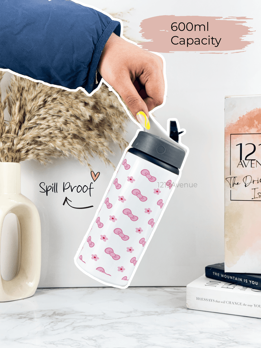 750ml Printed Fun-Sip Water Bottle | Kitty Bows Print | For Kids, School, Sports | Sipper Bottle with Carry Handle, Durable & Stylish