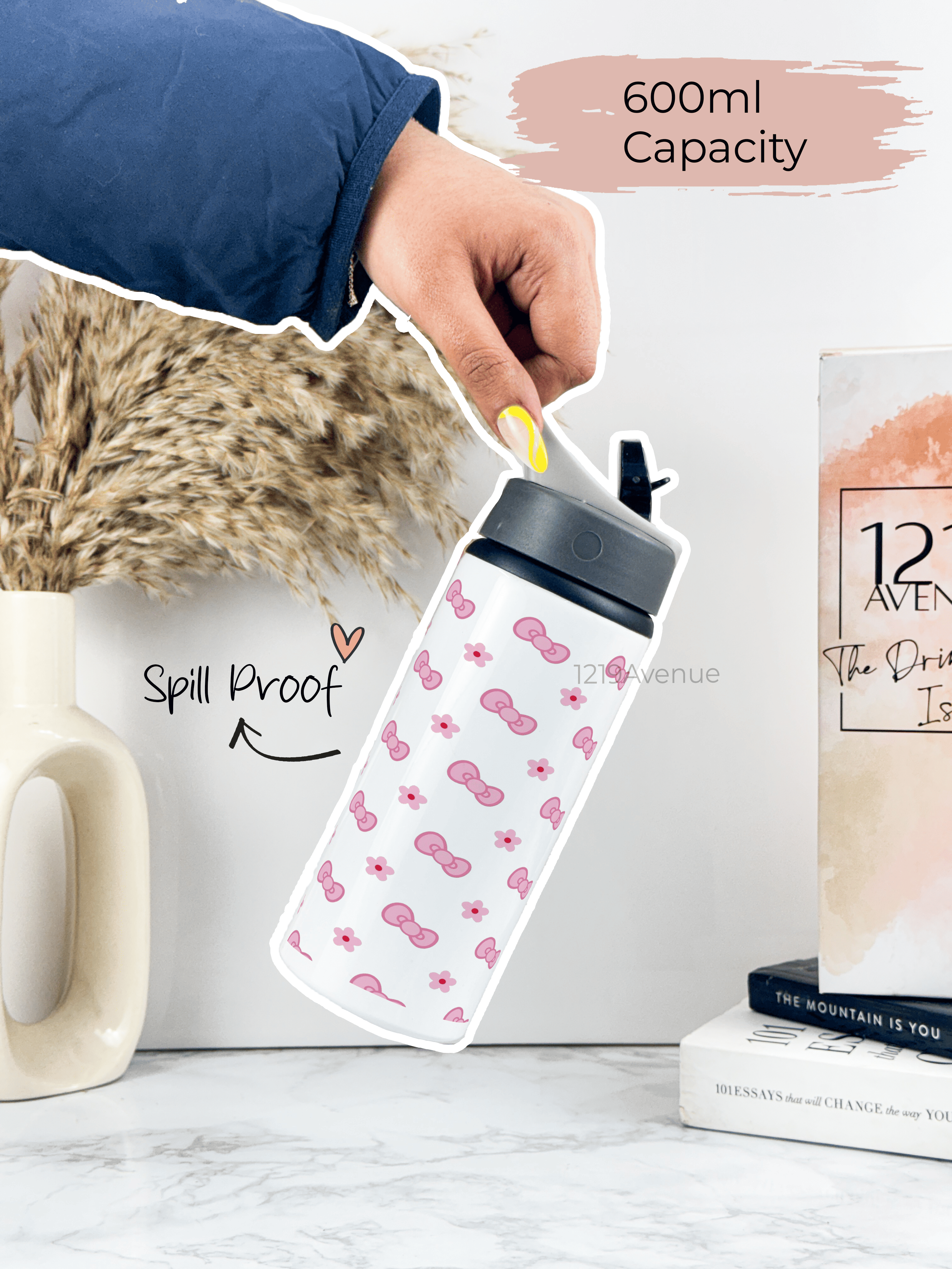 750ml Printed Fun-Sip Water Bottle | Kitty Bows Print | For Kids, School, Sports | Sipper Bottle with Carry Handle, Durable & Stylish