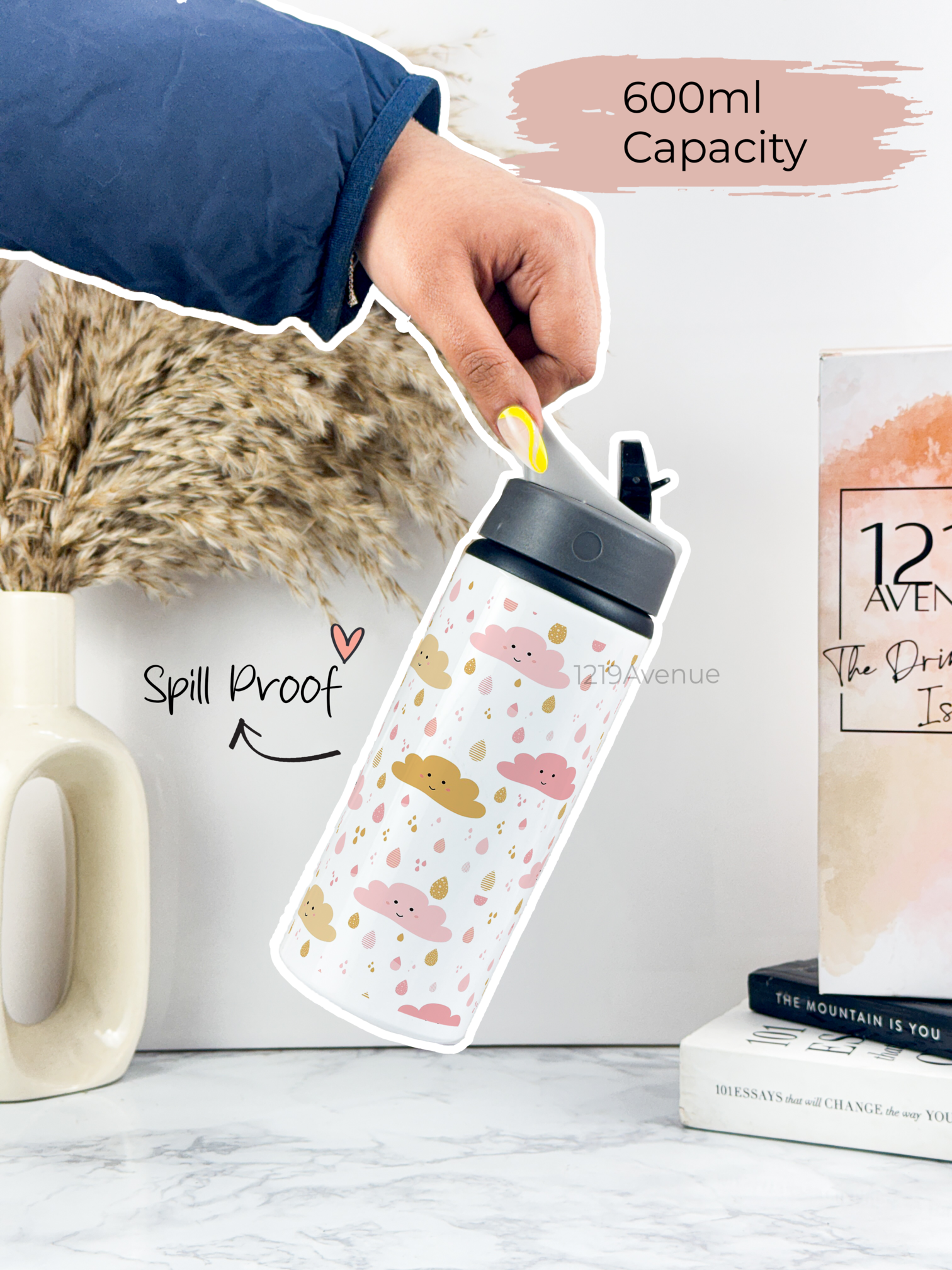 750mlPrinted Fun-Sip Water Bottle | Pretty Clouds Print | For Kids, School, Sports | Sipper Bottle with Carry Handle, Durable & Stylish