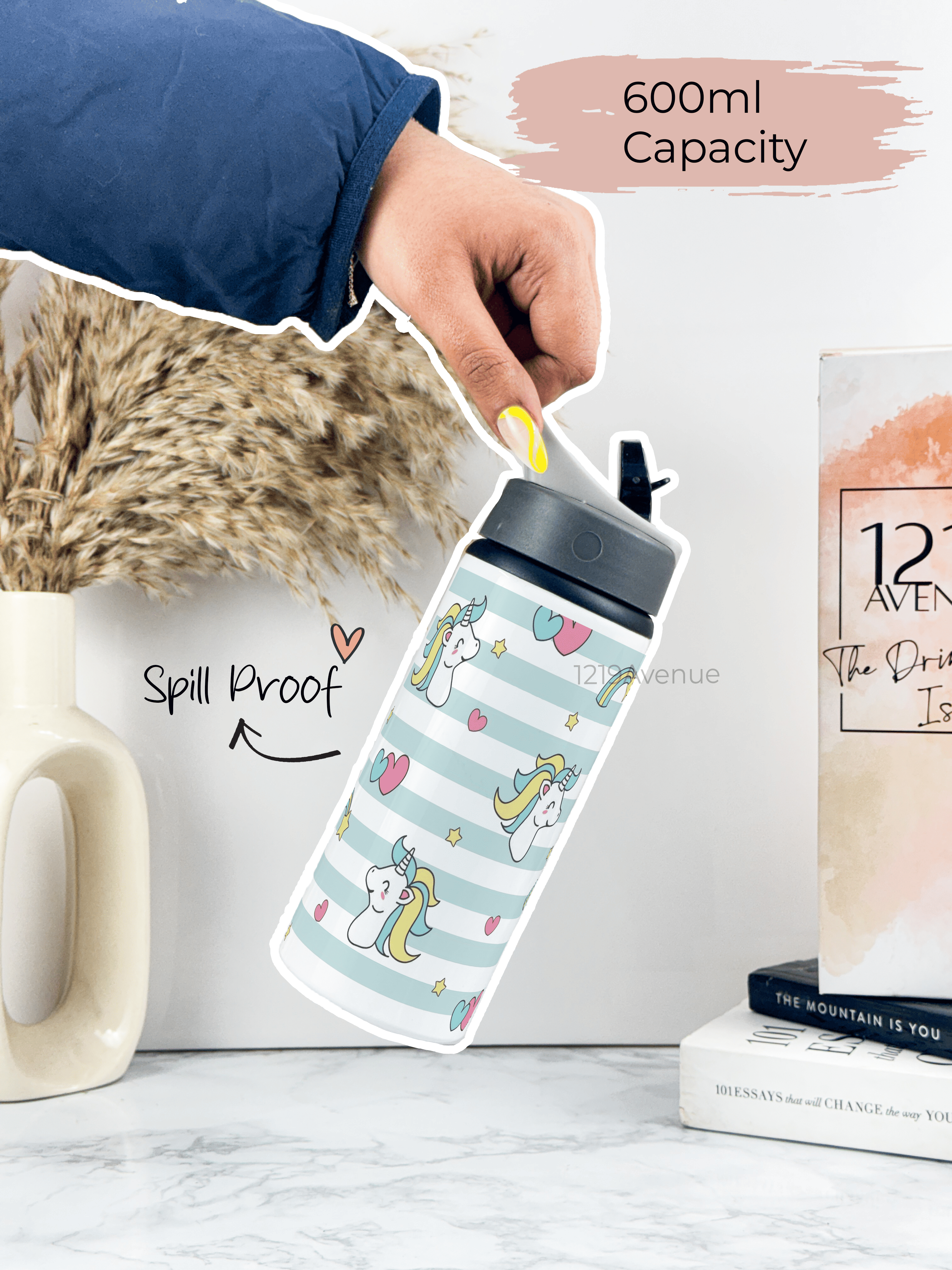 750ml Printed Fun-Sip Water Bottle | Stripes Unicorn Print | For Kids, School, Sports | Sipper Bottle with Carry Handle, Durable & Stylish