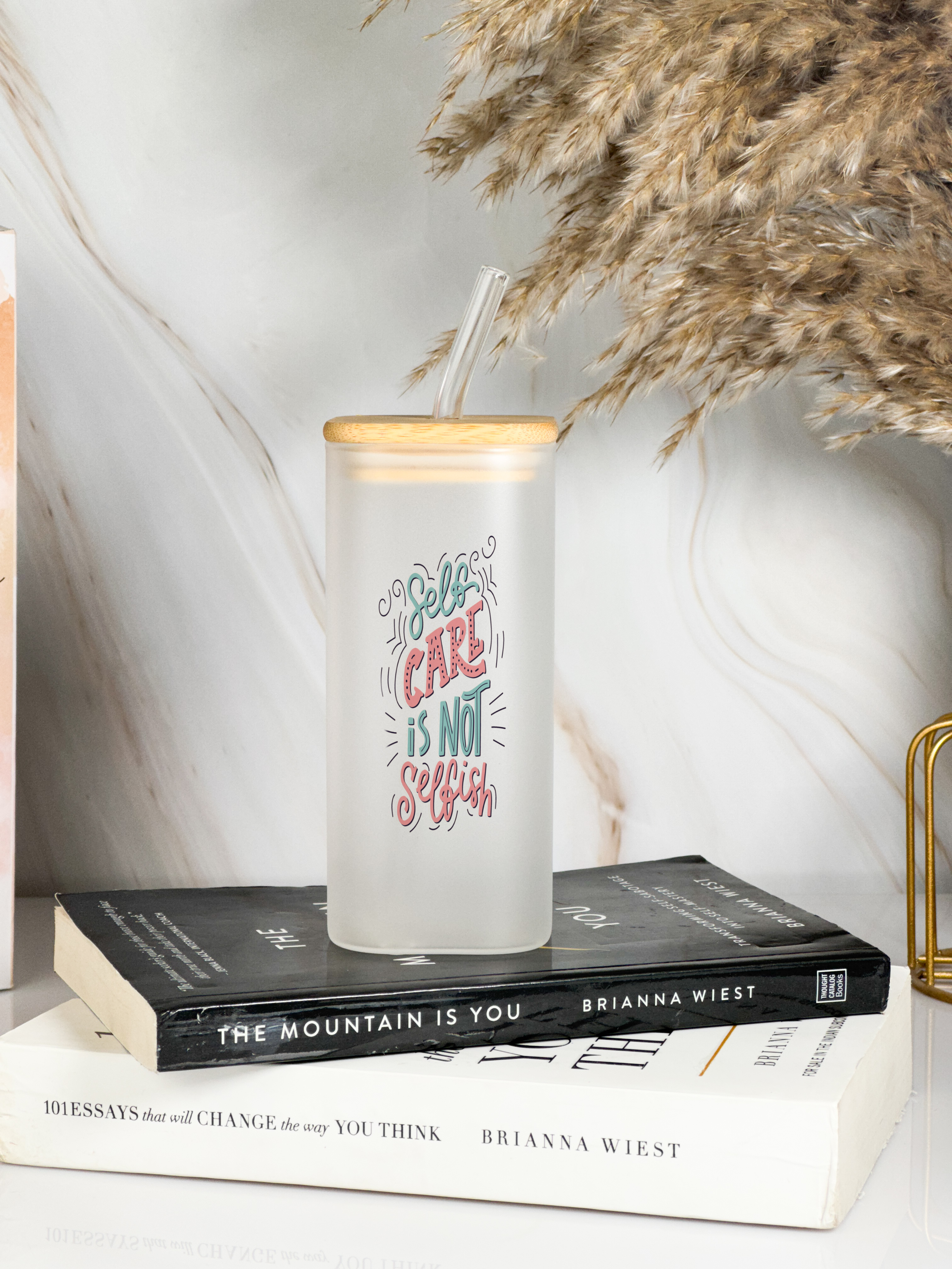 Squaro Sipper 450ml| Self Care Design| Permanent Prints| Coffee Glass Tumbler with straw and lid