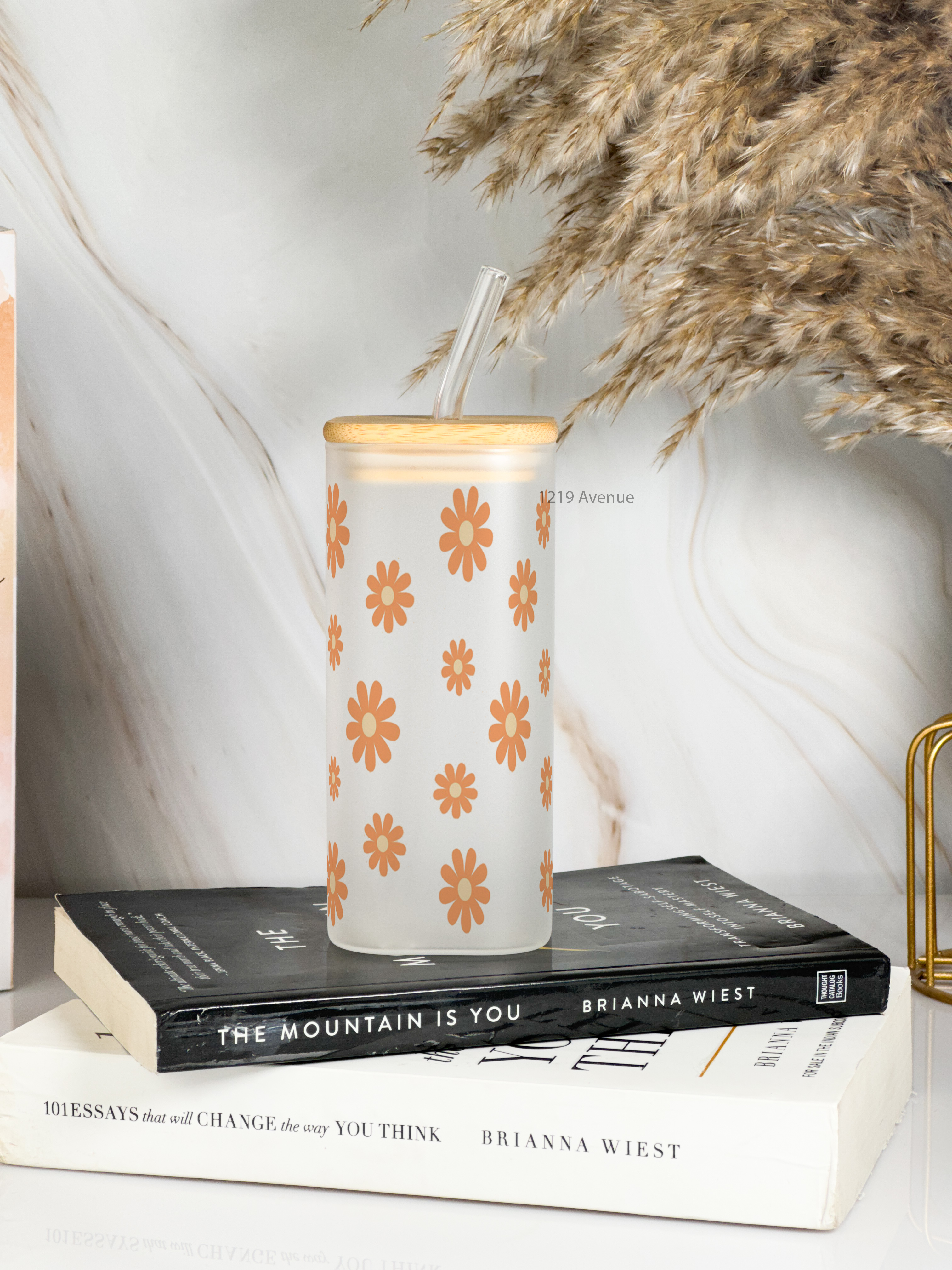 Squaro Sipper 450ml| Brown Flower Design| Permanent Prints| Coffee Glass Tumbler with straw and lid