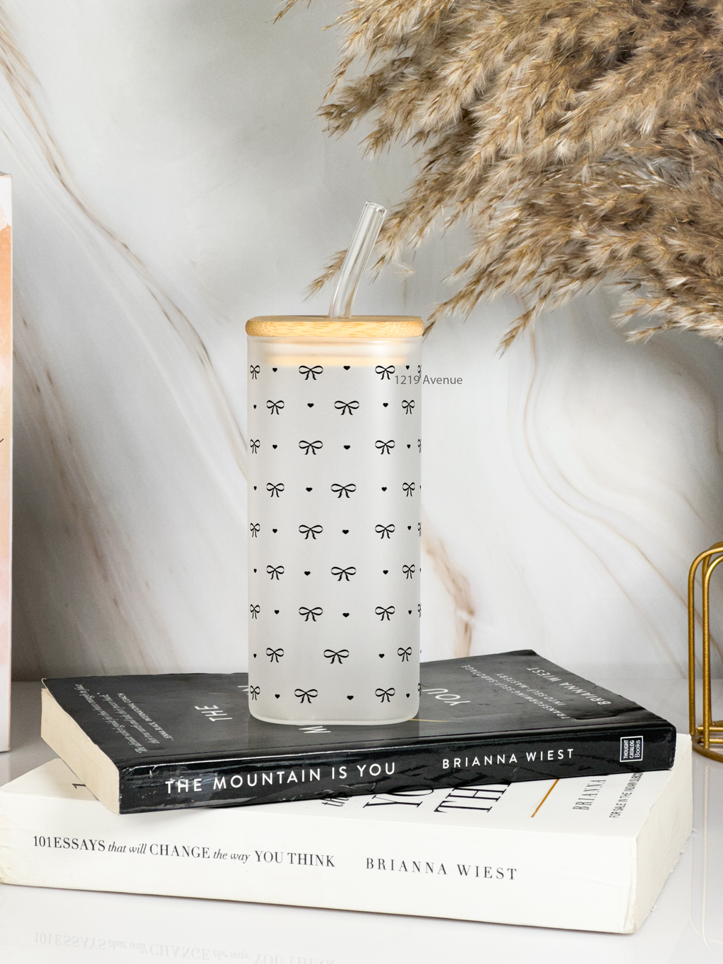 Squaro Sipper 450ml| Bows Design| Permanent Prints| Coffee Glass Tumbler with straw and lid