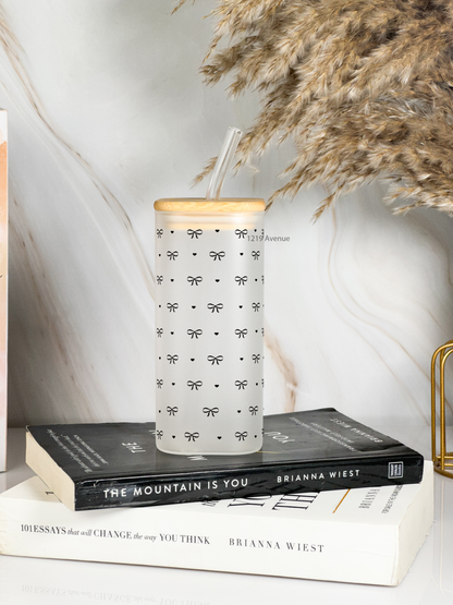Squaro Sipper 450ml| Bows Design| Permanent Prints| Coffee Glass Tumbler with straw and lid