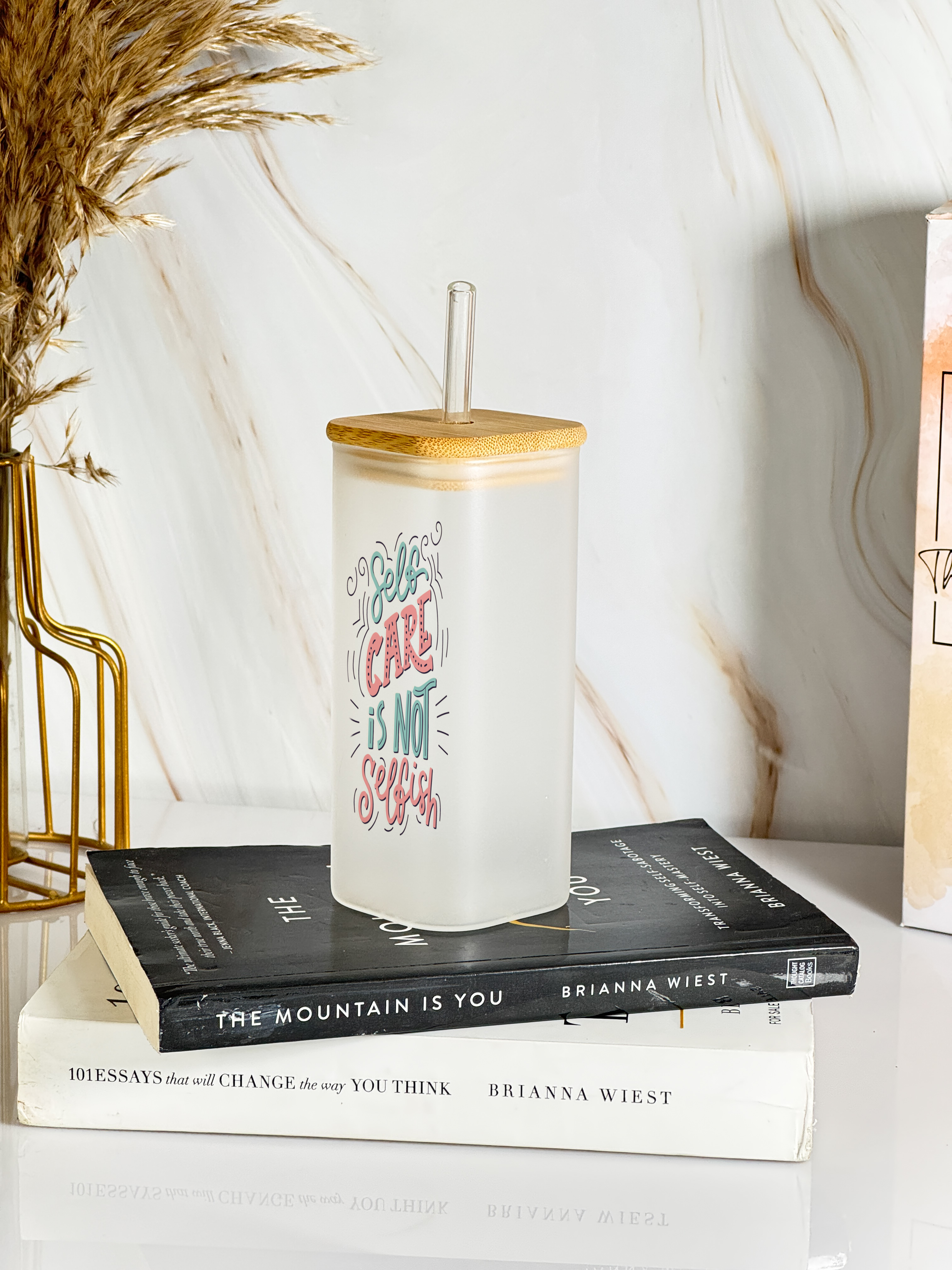 Squaro Sipper 450ml| Self Care Design| Permanent Prints| Coffee Glass Tumbler with straw and lid