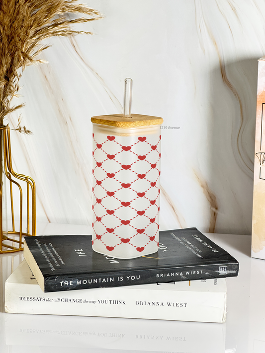 Squaro Sipper 450ml| Benji Hearts Design| Permanent Prints| Coffee Glass Tumbler with straw and lid