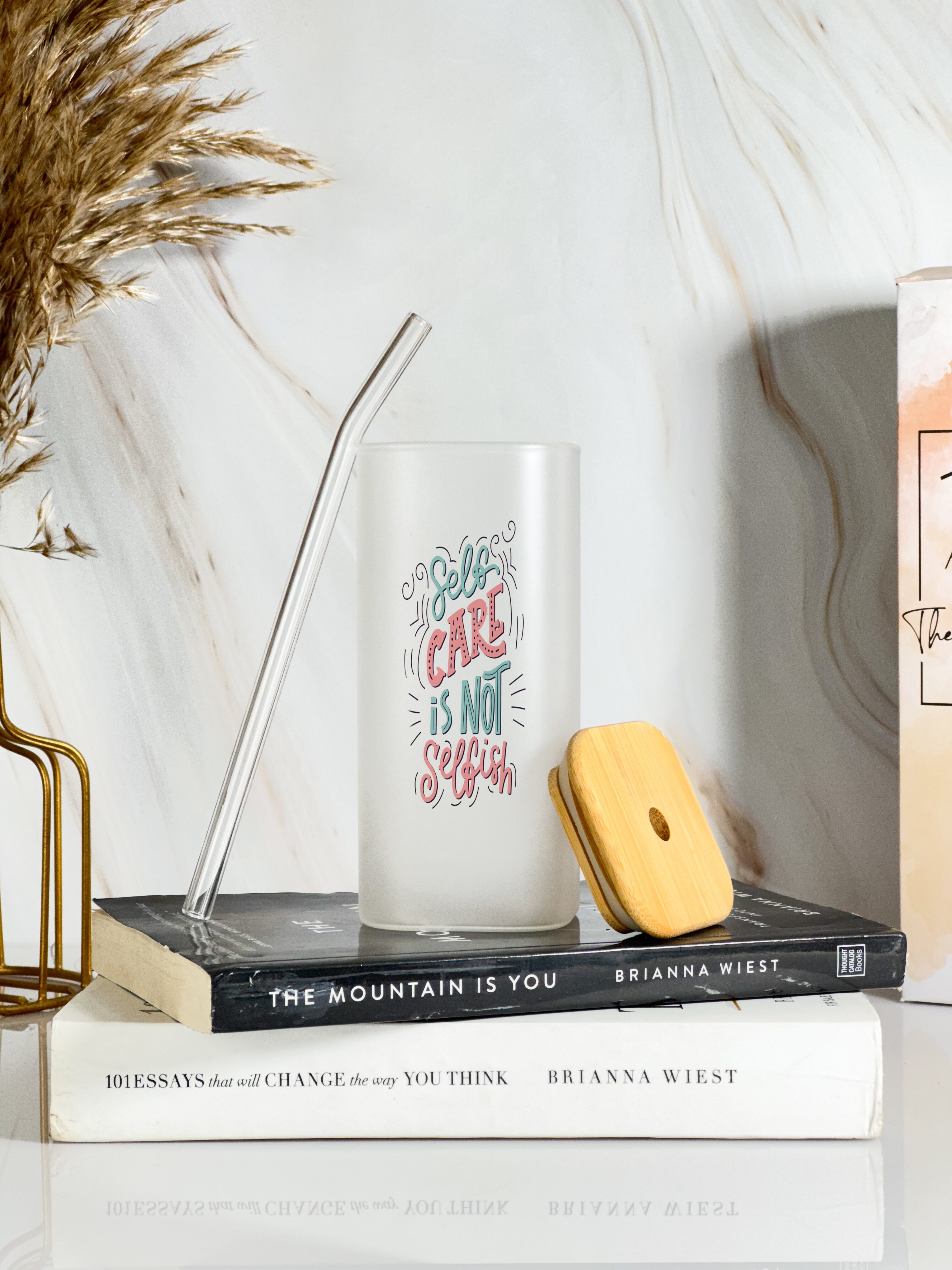 Squaro Sipper 450ml| Self Care Design| Permanent Prints| Coffee Glass Tumbler with straw and lid
