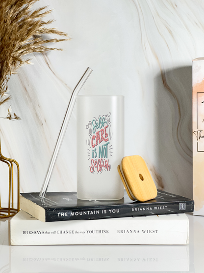 Squaro Sipper 450ml| Self Care Design| Permanent Prints| Coffee Glass Tumbler with straw and lid