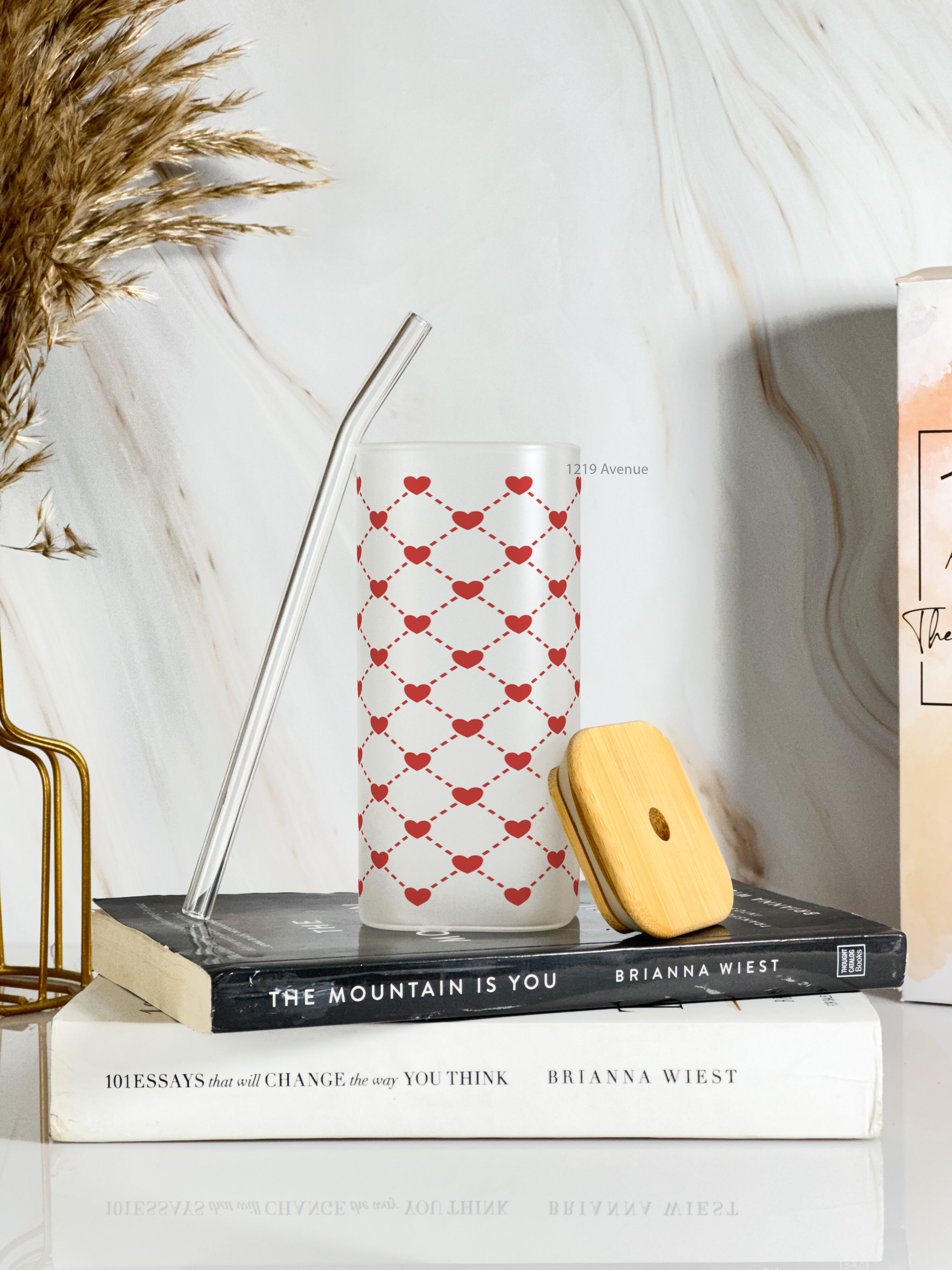 Squaro Sipper 450ml| Benji Hearts Design| Permanent Prints| Coffee Glass Tumbler with straw and lid