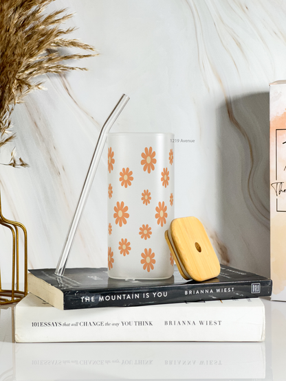 Squaro Sipper 450ml| Brown Flower Design| Permanent Prints| Coffee Glass Tumbler with straw and lid