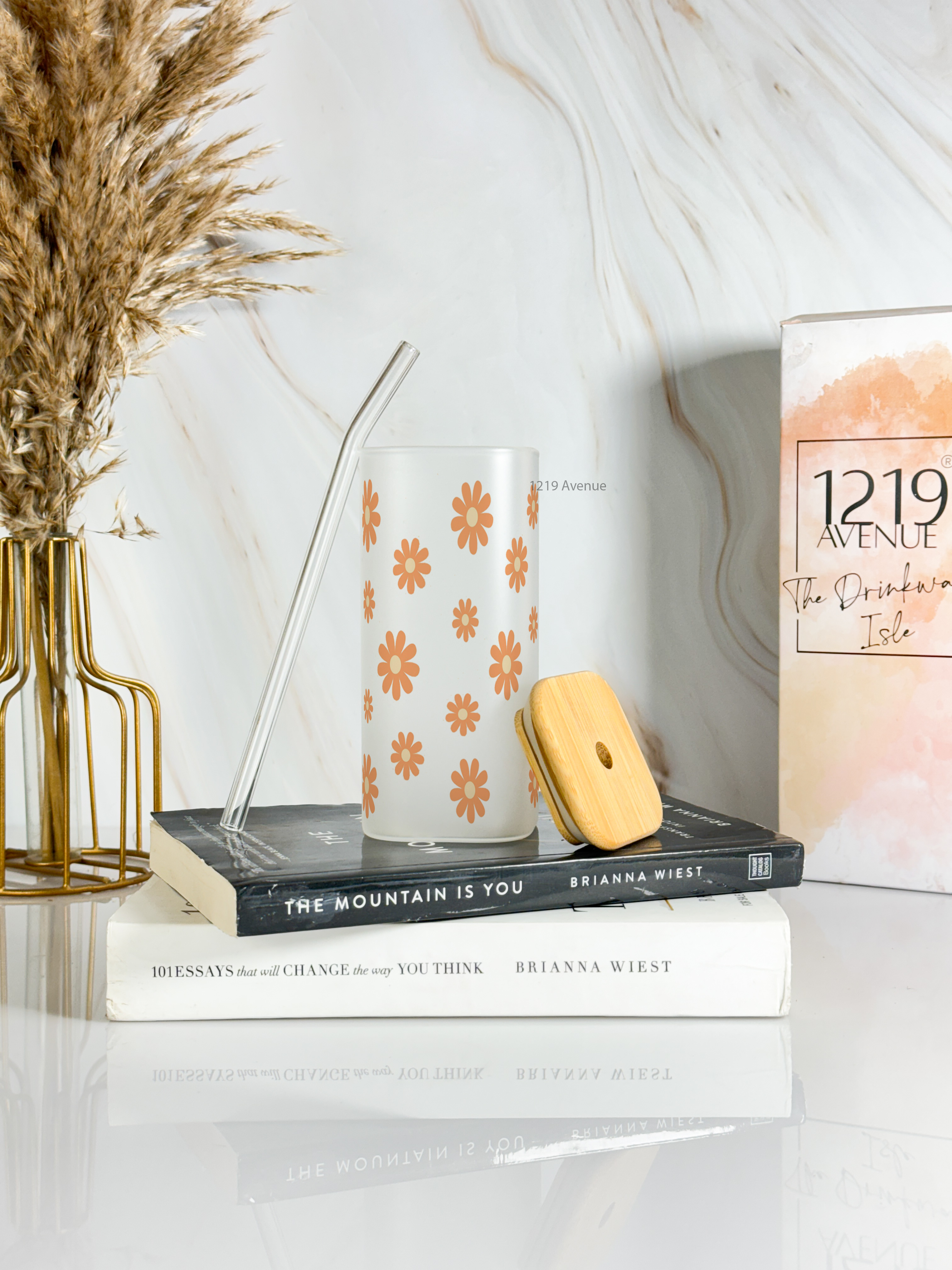 Squaro Sipper 450ml| Brown Flower Design| Permanent Prints| Coffee Glass Tumbler with straw and lid